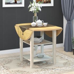 Farmhouse Round Kitchen Dining Table with Drop Leaf and 2-tier Shelves for Small Places