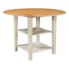 Farmhouse Round Kitchen Dining Table with Drop Leaf and 2-tier Shelves for Small Places