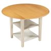 Farmhouse Round Kitchen Dining Table with Drop Leaf and 2-tier Shelves for Small Places