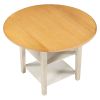 Farmhouse Round Kitchen Dining Table with Drop Leaf and 2-tier Shelves for Small Places