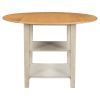 Farmhouse Round Kitchen Dining Table with Drop Leaf and 2-tier Shelves for Small Places