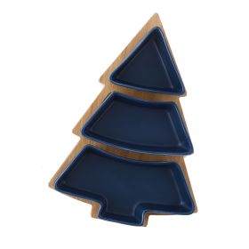 Creative Christmas tree ceramic snack plate with bamboo plate Christmas tree shaped plate dessert fruit plate candy plate cross-border exclusive suppl (colour: blue)