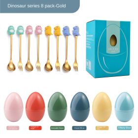 New Creative Tableware Mind Egg Light and Luxury Christmas Cartoon Doll Dessert Spoon Fork Stirring Spoon Wedding Gift (Specifications: Dinosaur spoon and fork 8 pieces, colour: Mist Blue Egg)