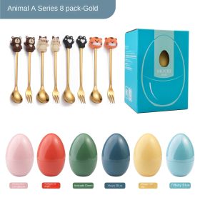 New Creative Tableware Mind Egg Light and Luxury Christmas Cartoon Doll Dessert Spoon Fork Stirring Spoon Wedding Gift (Specifications: Animal spoon fork 8-piece package - type A, colour: Cherry blossom powder egg)