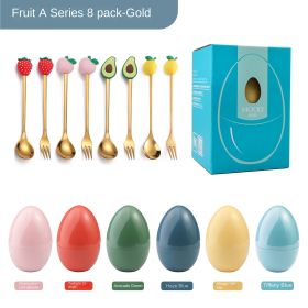 New Creative Tableware Mind Egg Light and Luxury Christmas Cartoon Doll Dessert Spoon Fork Stirring Spoon Wedding Gift (Specifications: Fruit spoon fork 8-piece package - type A, colour: Mango yellow egg)