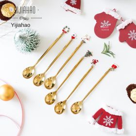 Christmas party tableware dessert fork ice cream coffee stir spoon holiday stainless steel tableware set (Specifications: Silver spoon, colour: Christmas wreath)