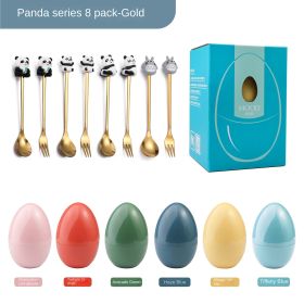 New Creative Tableware Mind Egg Light and Luxury Christmas Cartoon Doll Dessert Spoon Fork Stirring Spoon Wedding Gift (Specifications: Panda spoon fork 8 pieces, colour: Tiffany Blue Egg)