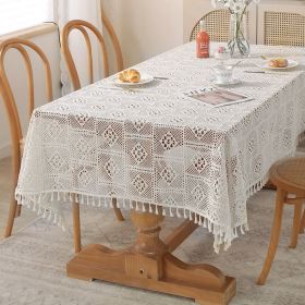 American style pastoral crochet table cloth woven hollowed out table cloth tassel cover table cloth beige hollowed out cloth table mat (colour: White - hollow cross grid, size: 140*200cm)