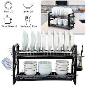 2 Tier Dish Drying Rack Drainboard Set Anti-Rust Dish Drainer Shelf Tableware Holder Cup Holder For Kitchen Counter Storage (Color: Black)