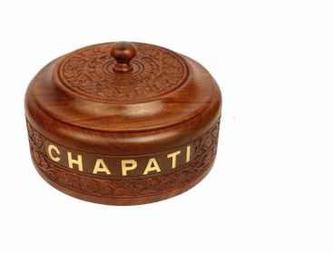 WILLART Handicraft Wooden Stainless Steel Bread Chaoati Casserole with Copper Finish Design;  1200 ml (Brown;  9 X 9 X 3.5 Inch ) (Brown: ENGRAVED)