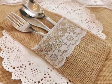 25/50/100PCS 4 x 8Inch Natural Burlap Lace Storage Bag Linen Cutlery Pouch Knife Fork Tableware Poket Utensil Organizer for Wedding Party Restaurant (QTY: 25PCS)