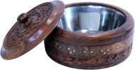 WILLART Handicraft Wooden Stainless Steel Bread Chaoati Casserole with Copper Finish Design;  1200 ml (Brown;  9 X 9 X 3.5 Inch )