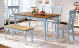 6 Piece Dining Table set with Bench; Wooden Kitchen Table Set w/ 4 Padded Dining Chairs